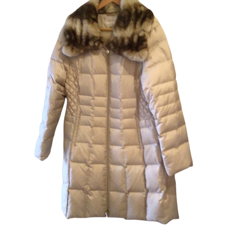 Laundry By Shelli Segal Cream Puffer Coat with Faux Fur Collar